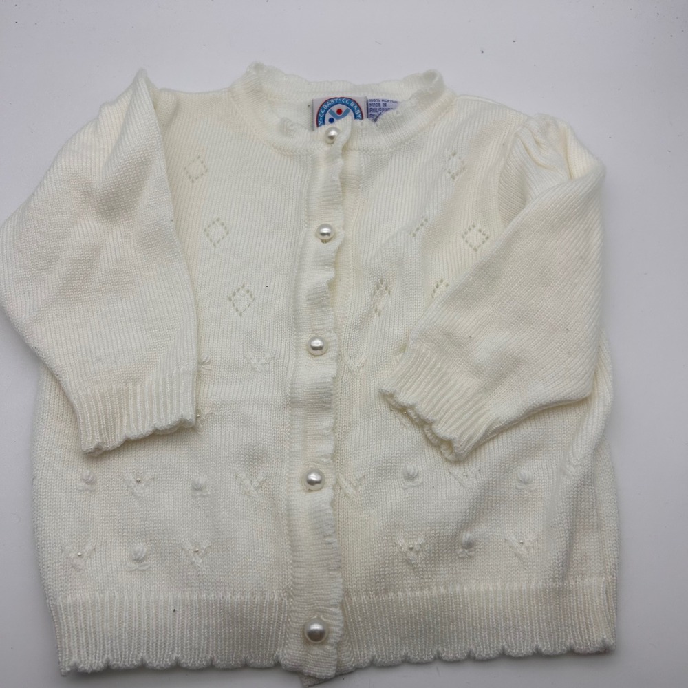 CC Baby Girls Off White‎ Pointelle Cardigan Pearl Buttons Popcorn Knit 12M vtg